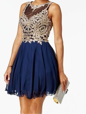 Xscape Women's Blue Gold Embroidered Cutout Fit & Flare Dress